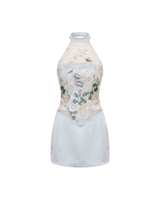 Clerestory Gray Coralie Floral Embroidered Halter Corset Mini Dress