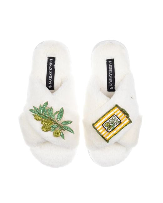Laines London Green Neutrals Classic Laines Slippers With Olives & Oil Brooches