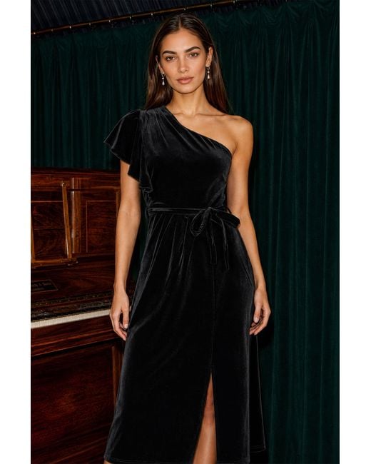 Yumi' Black Velvet One Shoulder Midi Dress