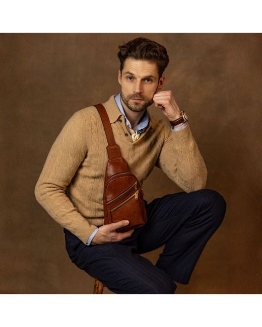 Time Resistance Brown Cognac Leather Sling Bag for men