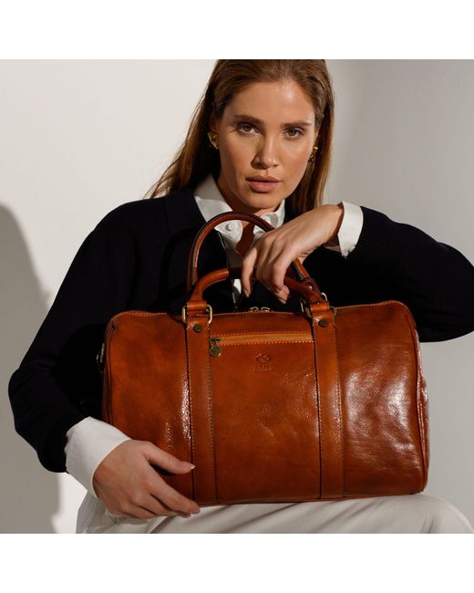 Time Resistance Brown Small Leather Overnight Bag, Duffel Bag