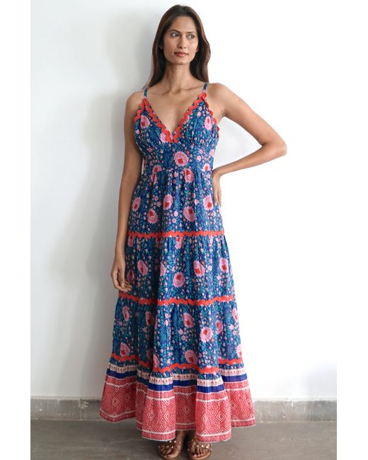 La Mandarine Blue Summer Maxi Dress With Pockets. Block Print Cotton Summer Maxi Dress Beatriz
