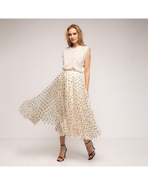 Tantra Spain Sl Natural Neutrals Polka-Dot Tulle Midi Skirt, A-Line Cut, Elastic Waistband With A Bow Ecru