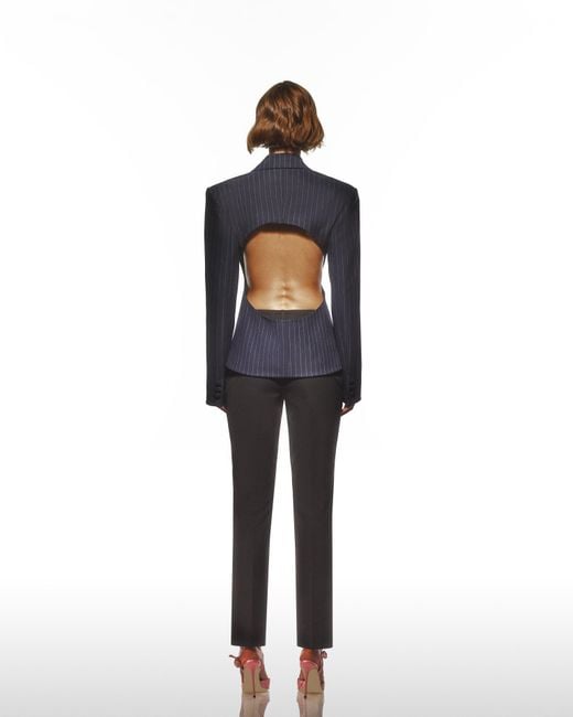 Maison sél Blue Open-Back Pinstriped Blazer Jacket –