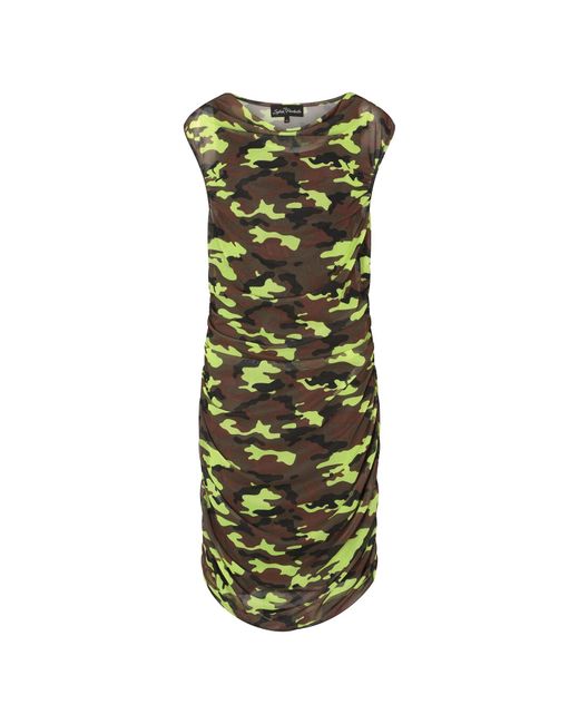 Sylvia Piechulla Green Boudicca Summer Neon Lime Camouflage Camo Midi Dress With Khaki Undergarment