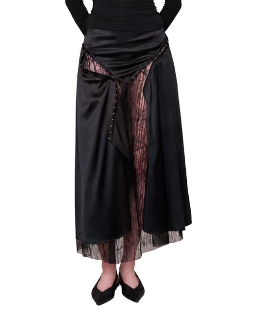 Pcfg Black The Party Edit Slit Lace Panel Satin Maxi Skirt