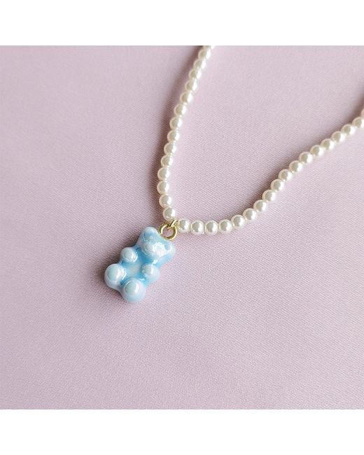 POPORCELAIN White Baby Porcelain Gummy Bear Swarovski Pearl Necklace
