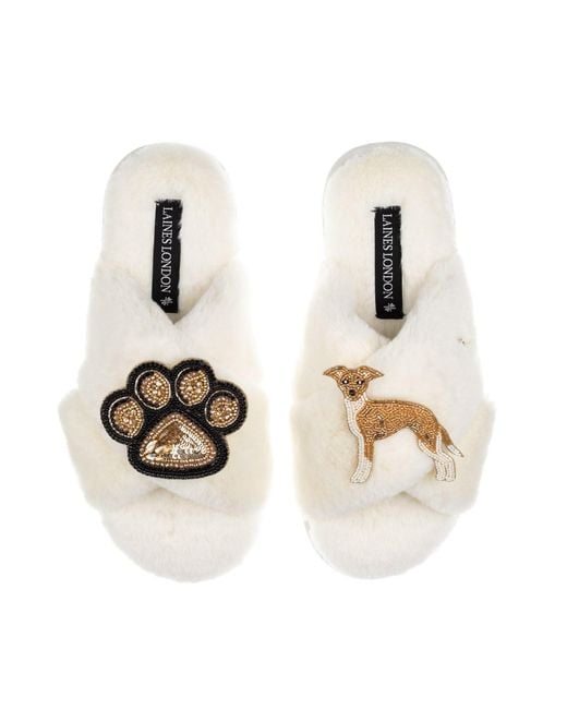 Laines London Metallic Neutrals Classic Laines Slippers With Paw & Fawn & Italian Greyhound Brooches