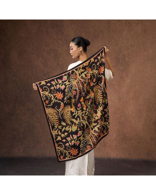 Silk and Bears Black Phoenix Garden Wool Silk Scarf – Floral Wrap, Hand-Rolled Hem, Winter Gift