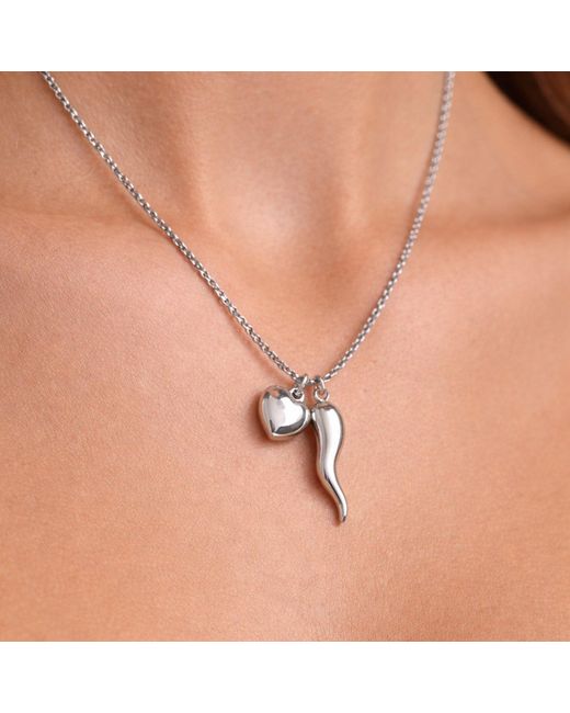 Unaloe Metallic Sterling Cornicello Necklace With Heart Charm – Italian Handmade Good Luck Symbol, Elegant Gift For Her