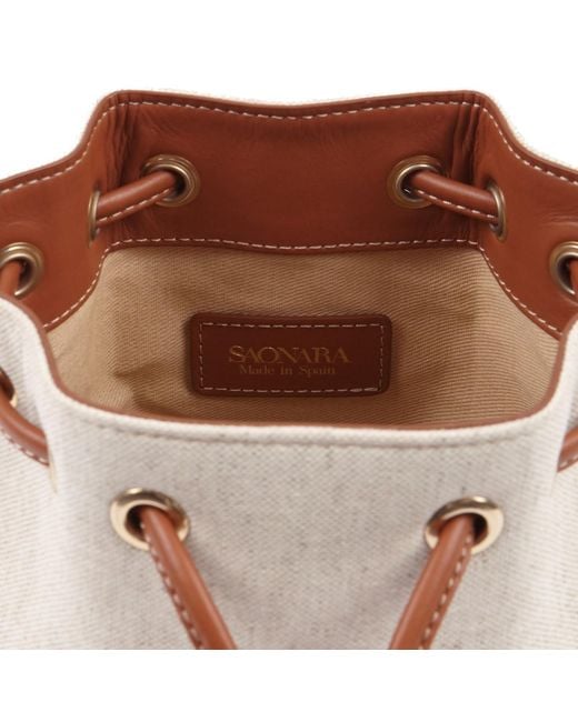 Saonara Brand Pink Mini Bucket Bag Linen Caramel Leather
