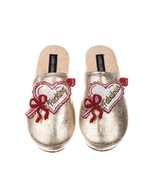 Laines London Metallic Softie Slippers With Fucking Fabulous Hearts Brooches