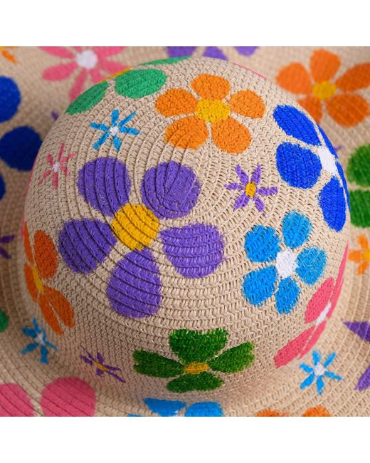 Heartfelt Layers Blue Hand Painted Floral Straw Sun Hat – Colorful Flower Summer Beach Headwear