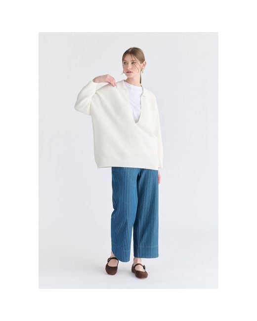 Paisie White Low Cut Polo Collar Ribbed Jumper