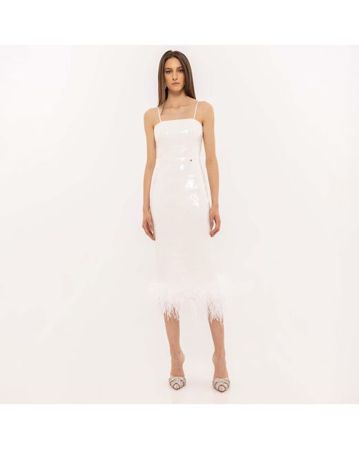 Nissa White Feather-Trimmed Sequined Midi Dress