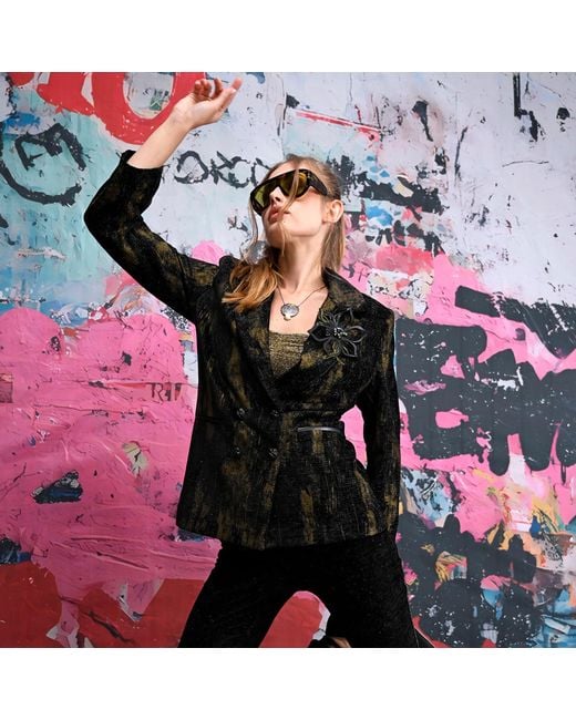 Lalipop Design Black Metallic Print Double-Breasted Blazer