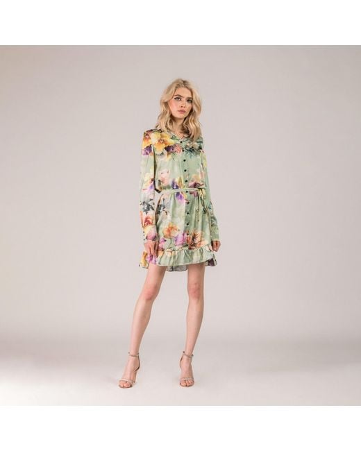 AVENUE No.29 Green Floral Print Satin Shirt Dress