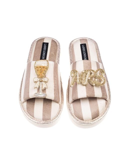 Laines London Brown Neutrals Flatform Stripe Open Toe Slippers With Mrs & Champers Brooches