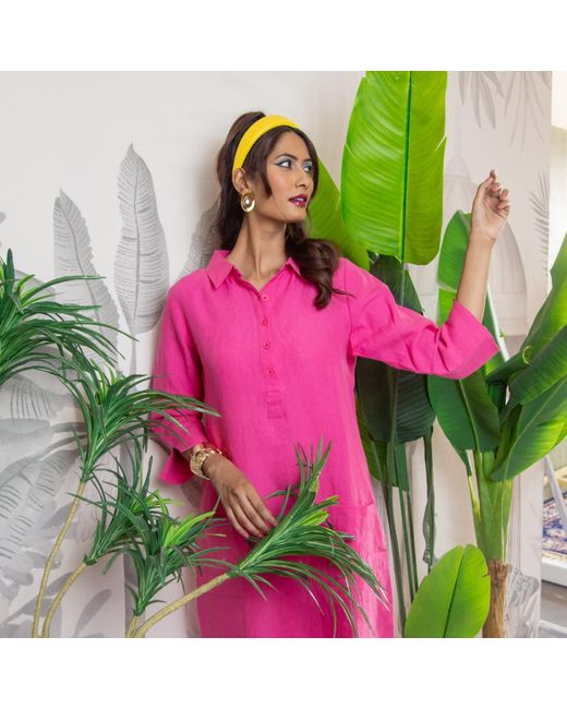NoLoGo-chic Pink Up Town Linen Shirt Dress