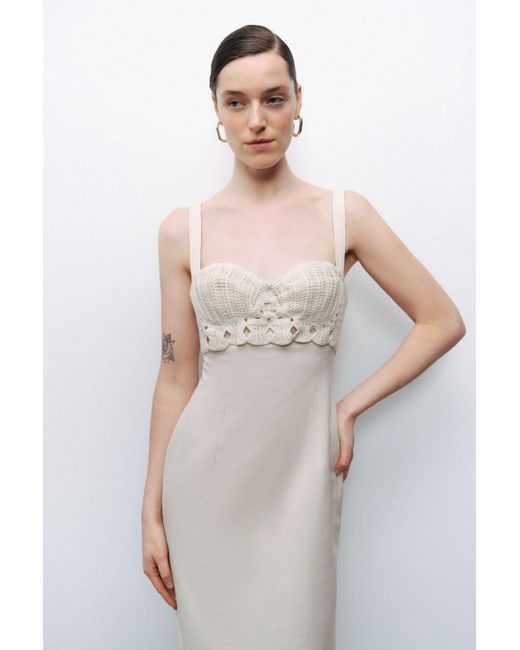 Nocturne White Neutrals Ecru Linen Brode Detailed Sweetheart Maxi Dress