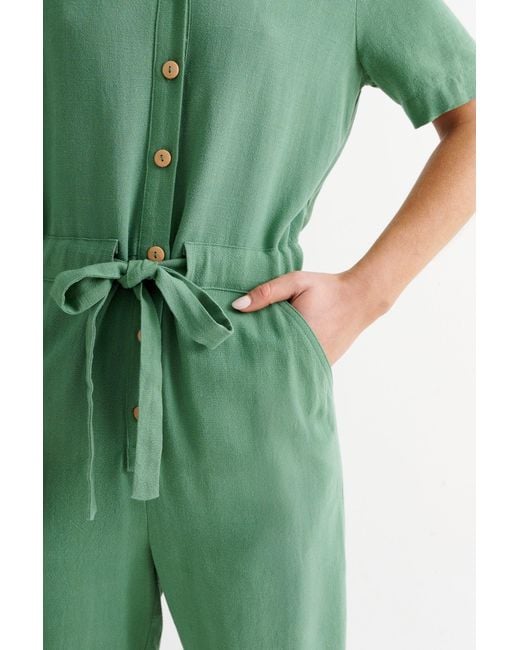 Louche Green Justin Linen Mix Short Sleeve Jumpsuit
