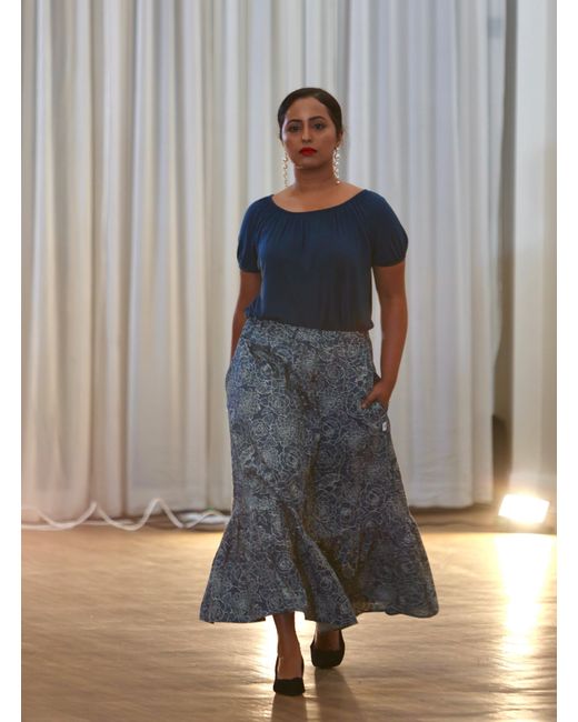 Frock Tales Blue Boho Gathered Midi Skirt With Pockets