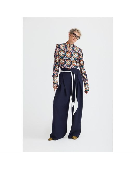 Julia Allert Multicolor Designer Satin Blouse With Bishop Sleeves And Stand Collar – Print