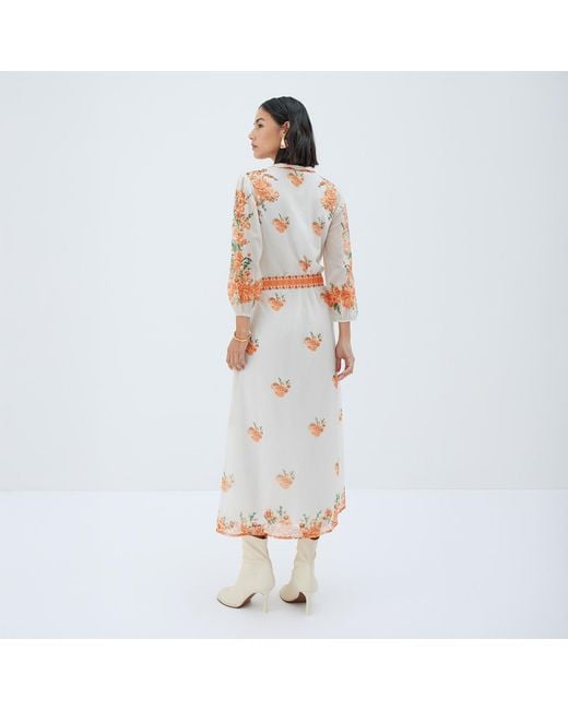 Raishma Pink Rose Floral 3/4 Length Sleeve Belted Midi Shirt Dress
