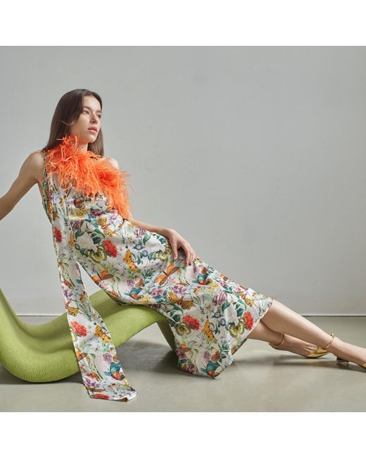 Vasiliki Atelier Metallic Imaani Silky Botanical Print Dress With Faux Feather