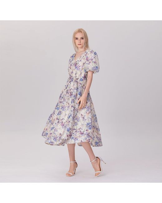 Smart and Joy Multicolor Neutrals Flower Print Fit-And-Flare Tea Organza Dress