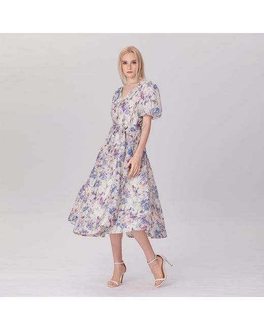 Smart and Joy Multicolor Neutrals / Flower Print Fit-and-flare Tea Organza Dress