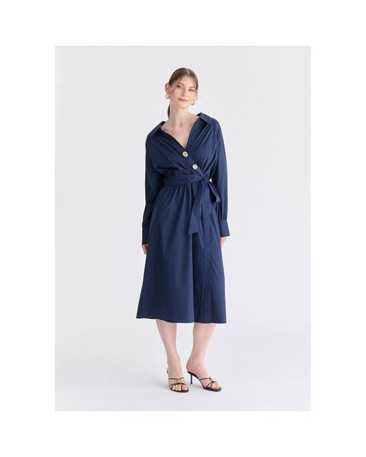 Paisie Blue Wrap Midi Shirt Dress With Metallic Button Details