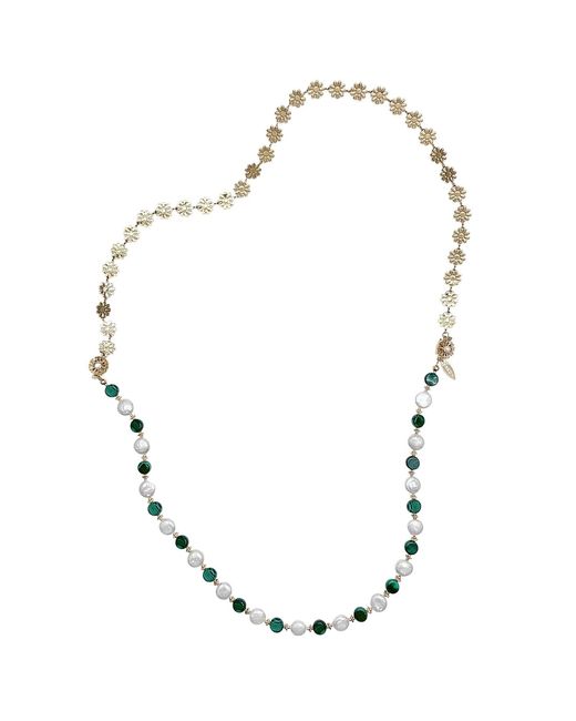 Farra Metallic Coin Shaped Malachite And Freshwater Pearls With Flower Chain Versatile Necklace