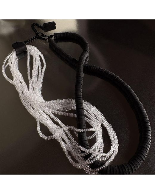 WAIWAI Black Interlock Leather And Glass Bead Necklace