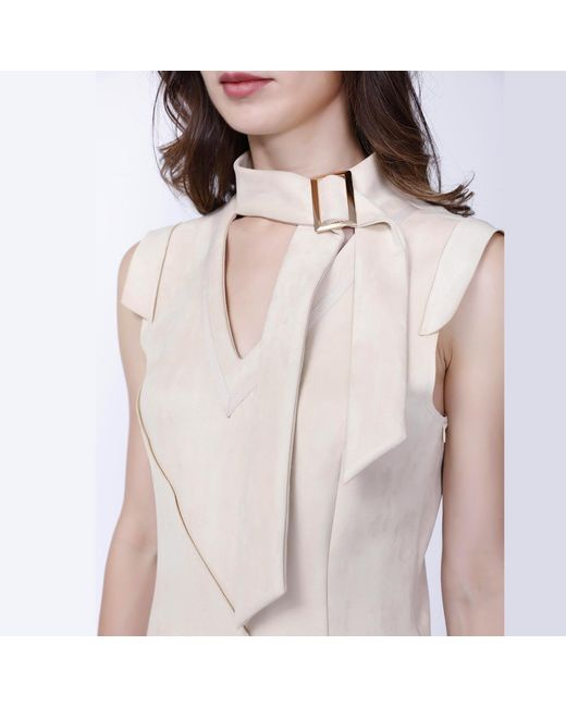 Smart and Joy Natural V-neck Structured Cut Suede Dress