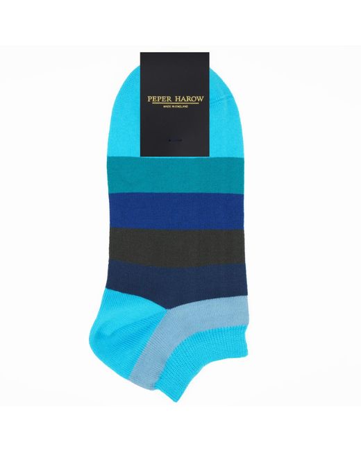 Peper Harow - Made in England Blue Block Stripe Trainer Socks Bundle
