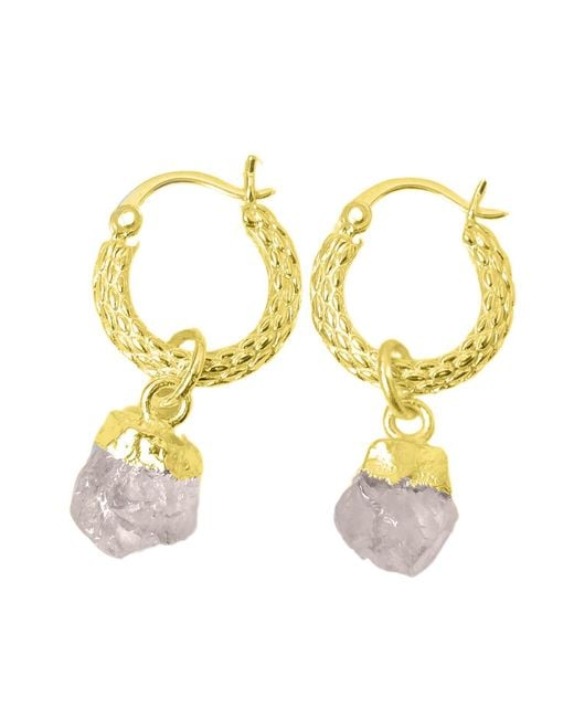 Harfi Metallic Raw Rose Quartz October Birthstone Huggie Hoops Vermeil Plated Gemstone Earrings