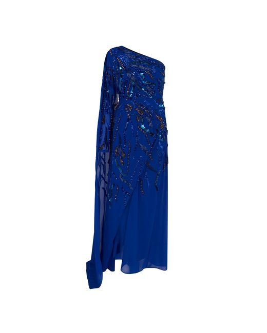 Raishma Blue Astrid A One Shoulder With A Dramatic To-the-floor Draped Georgette Train, Falling From The Shoulder Gown