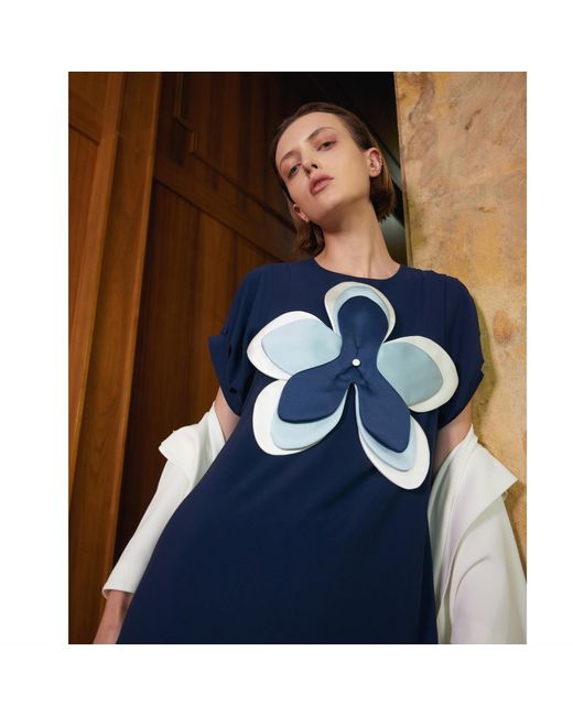 Julia Allert Blue Silky Touch Midi Dark Dress With Handmade Floral Appliqué