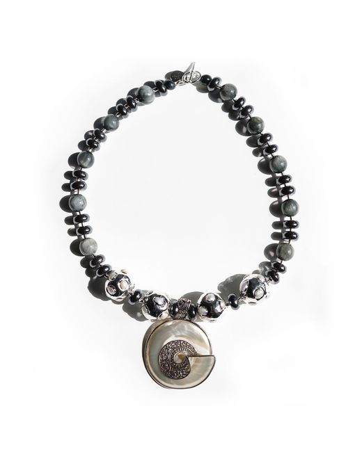 Edgar Navarro Jewelry Metallic Neutrals Edgar Navarro Mother Of Pearl Statement Pendant Necklace With Hematite, Tiger Eye & Pearl-Encrusted Accents