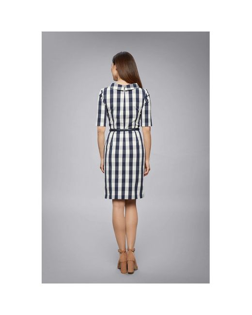 Rumour London Blue Juliette Navy Stretch Cotton Gingham Dress With Raised Collar