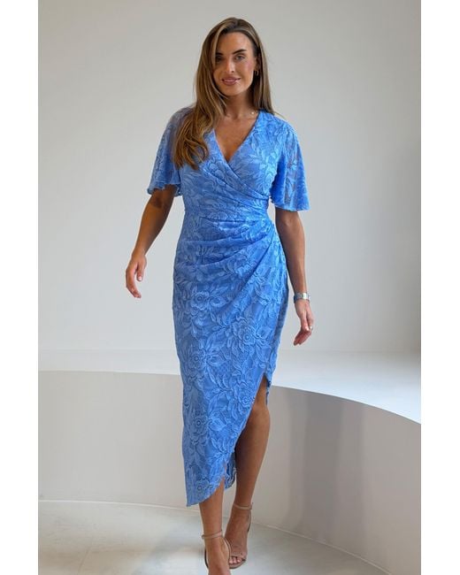 Girl In Mind Blue Natasha Angel Sleeve Wrap Midi Dress