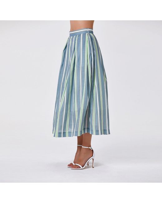 Smart and Joy Green Striped Midi Skirt With Cotton Lining