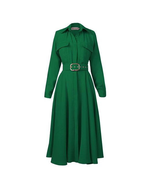 ALINA CERNĂTESCU Green Patty Forest Sustainable Viscose Midi Dress With Pockets And Textile Belt