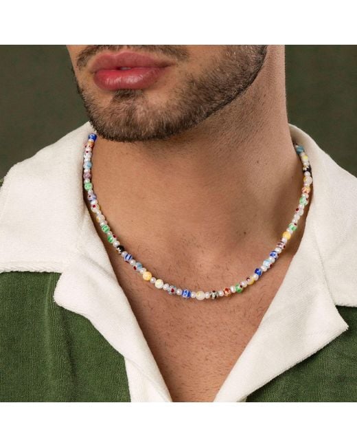 Nialaya Metallic Pearl Necklace With Hand-Painted Glass Beads for men