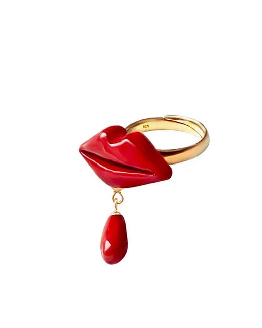 Sculp Red Lipstick Drop Lips Dangle Ring