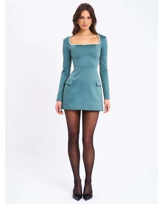 Miss Circle New York Blue Gabella Dark Long Sleeve A-Line Mini Dress With Crystal Trim