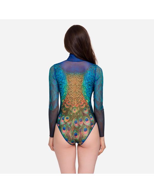 Rodasoleil Smart Swimwear Blue Tan-Through Mesh One-Piece Zipper Swimsuit With Sleeves Peacock Mayura