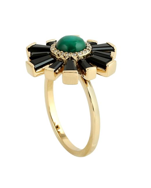 Artisan Multicolor 18k Yellow Gold Diamond Flower Ring Spinel Chrysocolla Handmade Jewelry