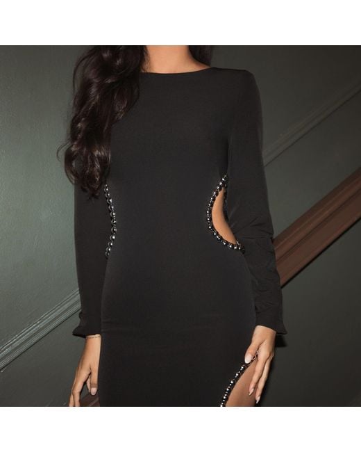 Mac Duggal Black Long Sleeve Crepe Gown With Embellished Cut Outs